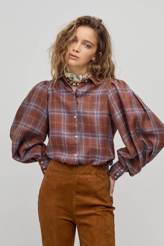 Lanhtropy - Camille Linen Shirt - Hazelnut Checks: Hazelnut Checks / S