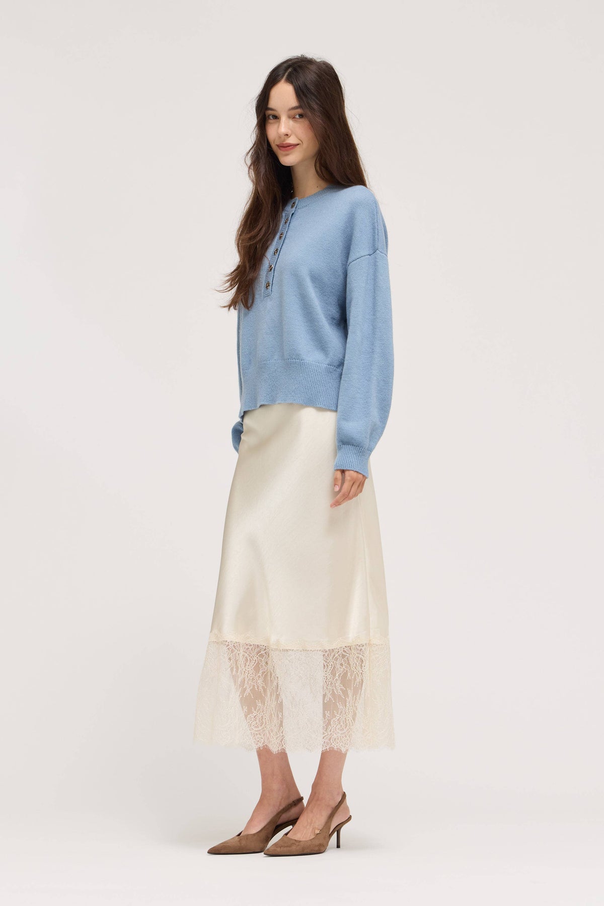 LACE TRIM MIDI SATIN SKIRT: