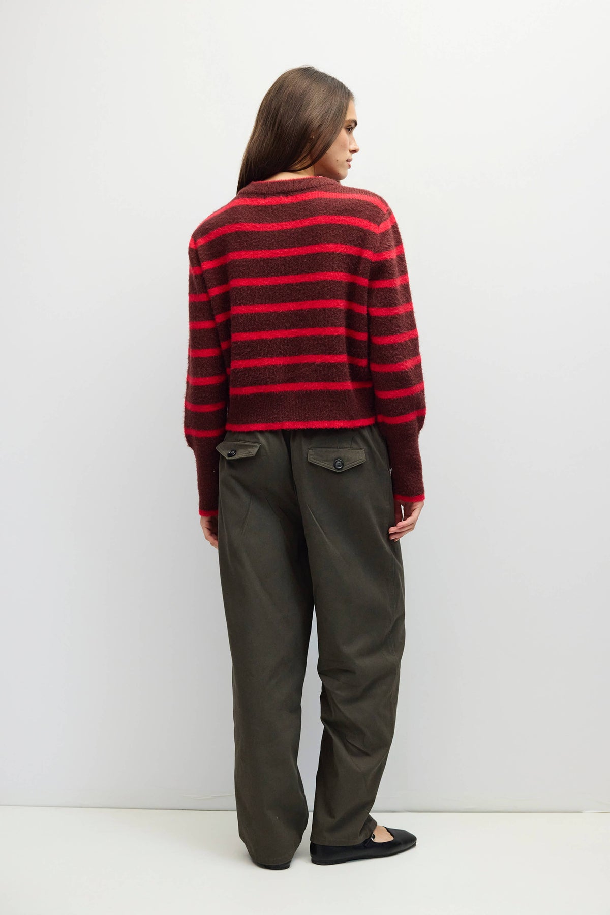 MOD REF - The Mckenzie Sweater | Striped Boucle Crewneck Sweater: Brown-Red / LARGE
