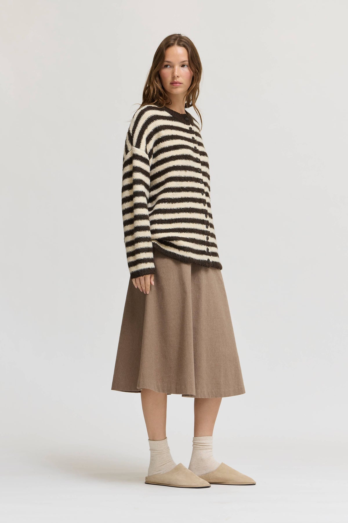 Grade & Gather - 80567 - STRIPED BUTTON UP CARDIGAN: CAROB CREAM / Contemporary / M/L