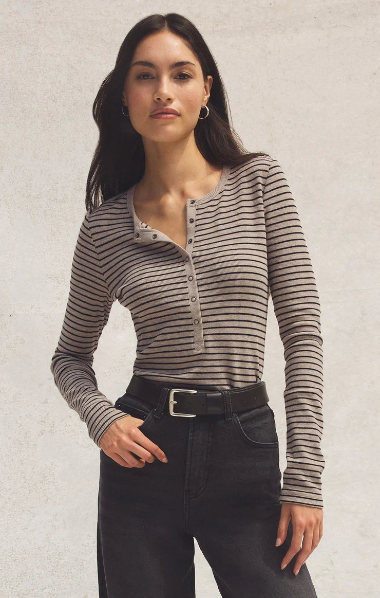 Stella Striped Henley (Heather Taupe)