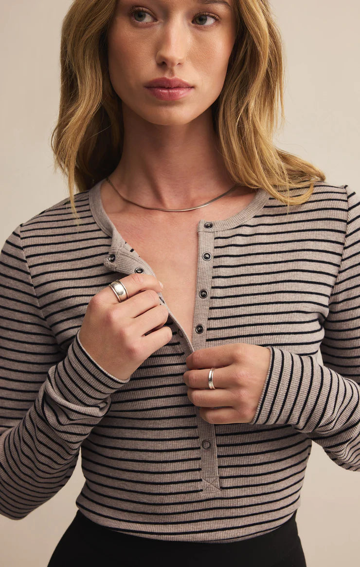 Stella Striped Henley (Heather Taupe)